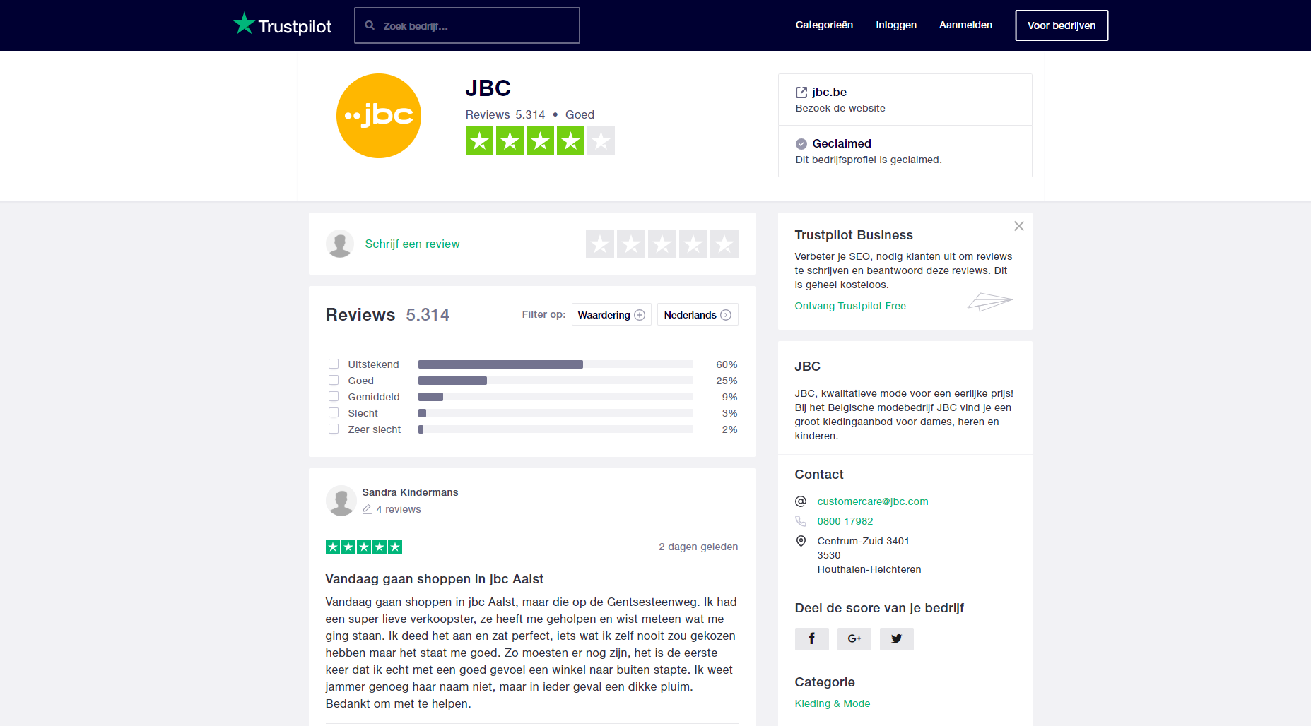 Het review-profiel van het Belgische modebedrijf JBC op Trustpilot