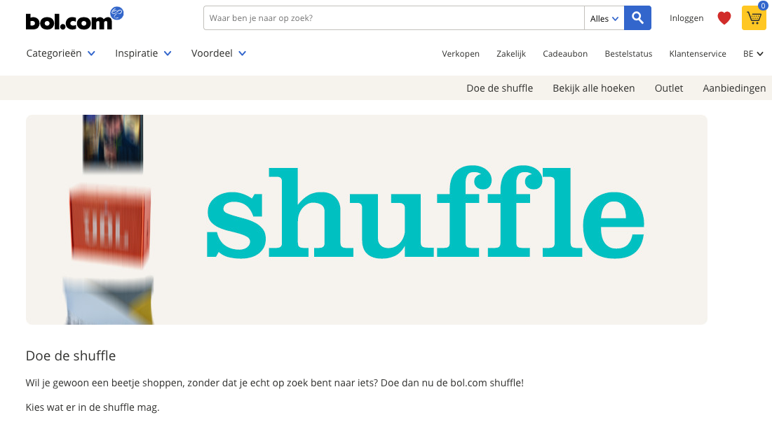 Dat het niet altijd serieus hoeft te zijn, bewijst de ‘Shuffle-functie’. Die schuift je met één klik een random product voor.